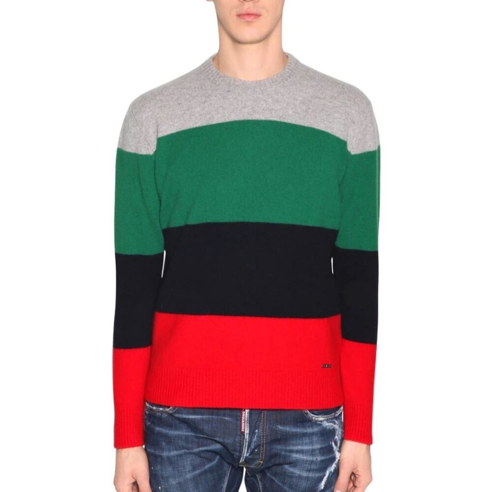 NWT$550 DSQUARED2 Mens 100% Wool Red Black Green Stripe Crewneck Sweater Sz Med - Picture 5 of 11